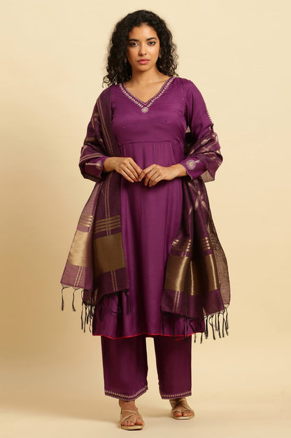 W for Woman Purple Anarkali Festive Kurta, Parallel Pants And Dupatta Set