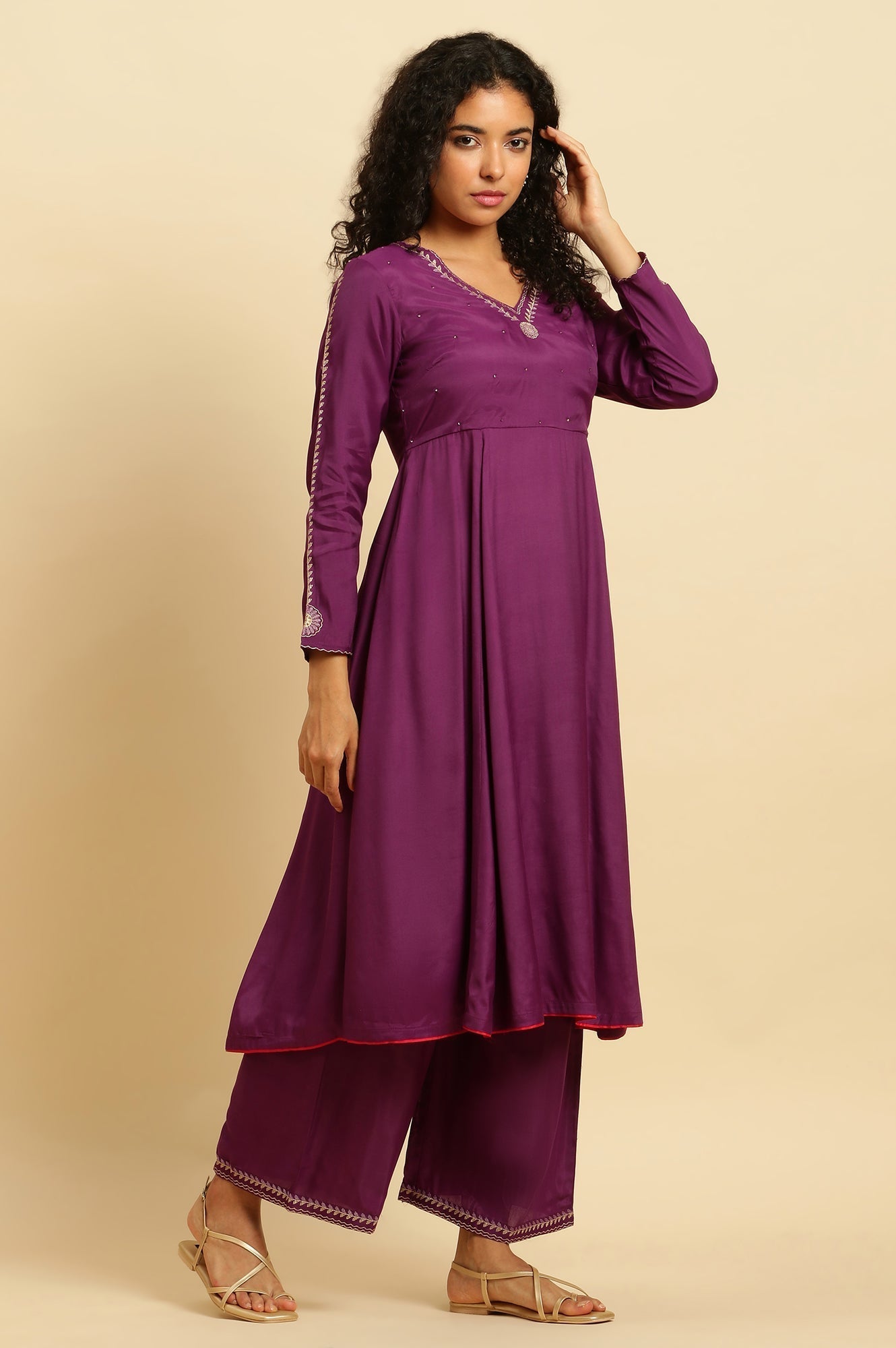W for Woman Purple Anarkali Festive Kurta, Parallel Pants And Dupatta Set