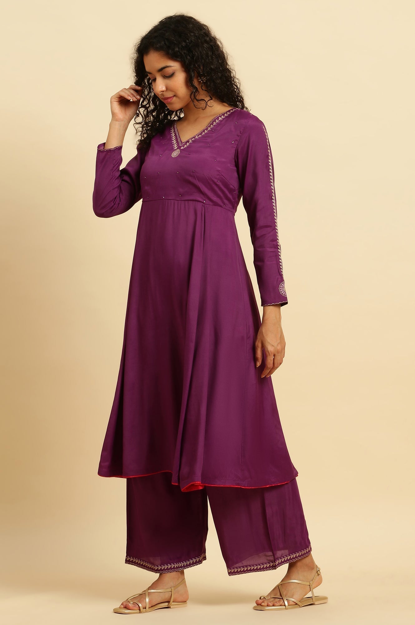 W for Woman Purple Anarkali Festive Kurta, Parallel Pants And Dupatta Set