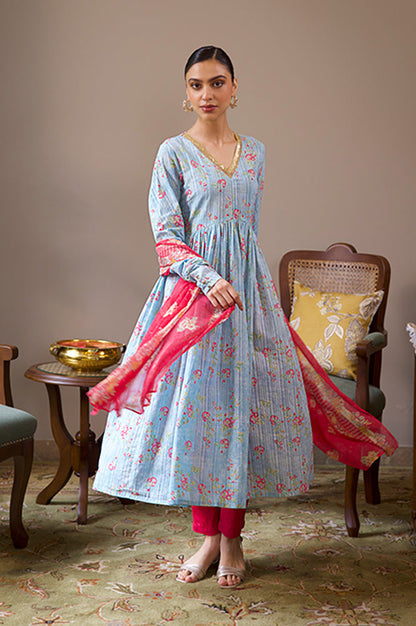 W for Woman Blue Printed Anarkali Kurta, Pants & Dupatta Set