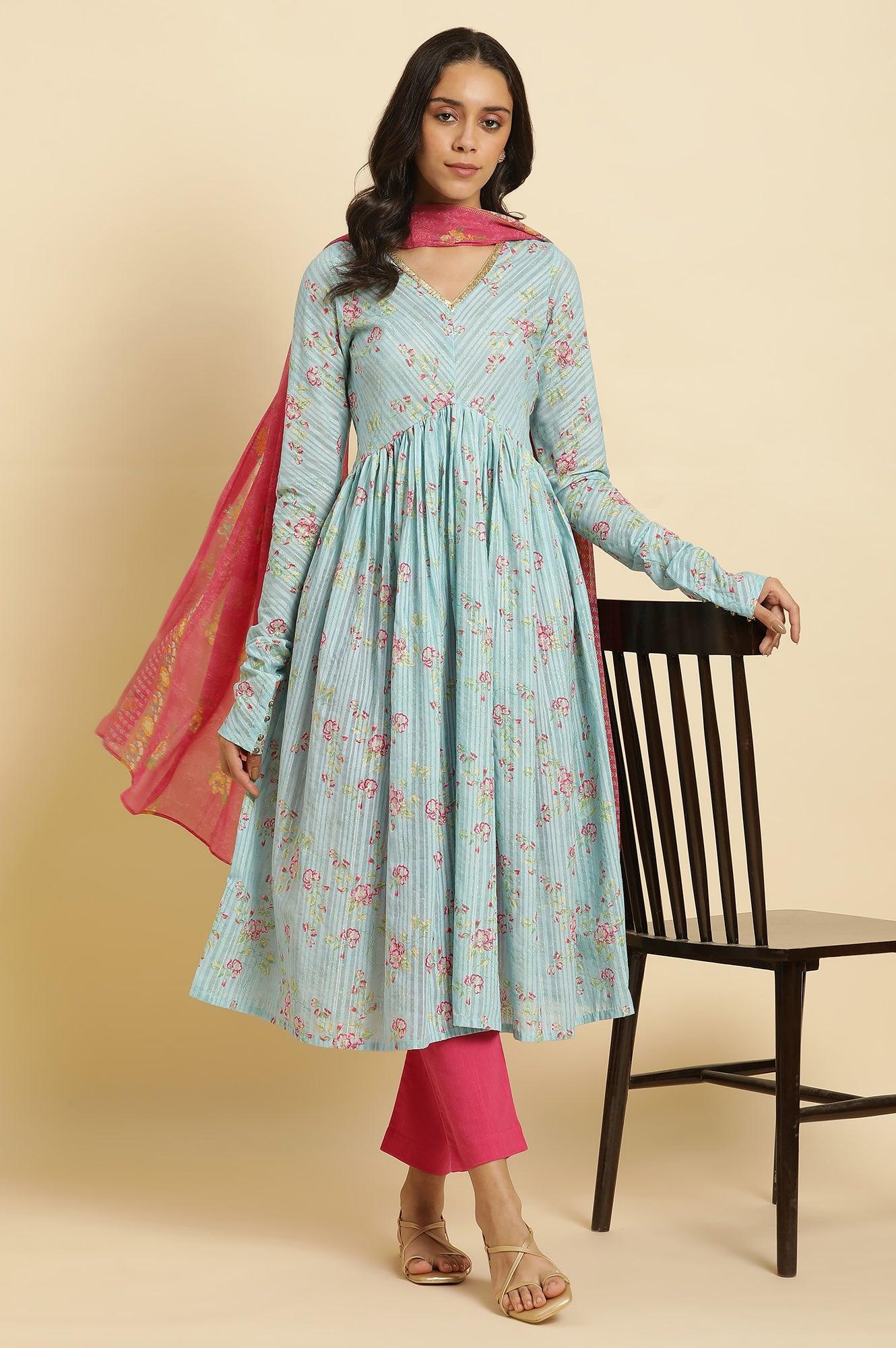 W for Woman Blue Printed Anarkali Kurta, Pants & Dupatta Set