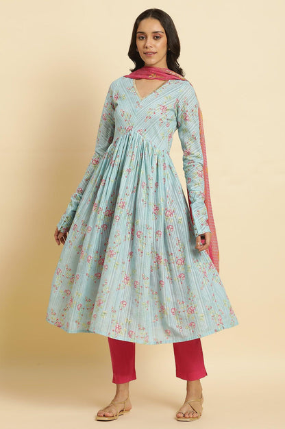 W for Woman Blue Printed Anarkali Kurta, Pants & Dupatta Set