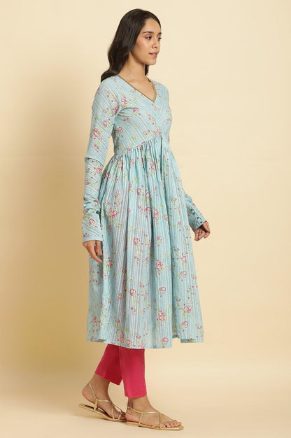 W for Woman Blue Printed Anarkali Kurta, Pants & Dupatta Set