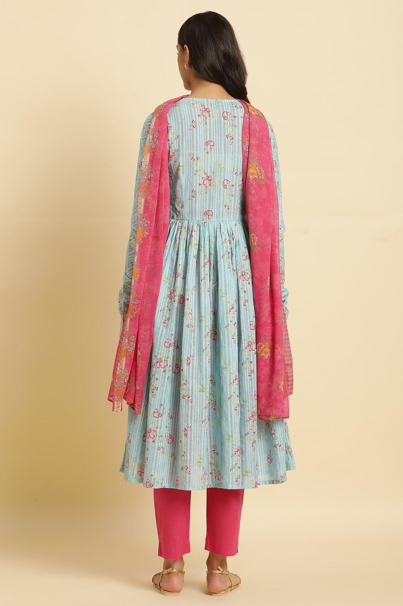 W for Woman Blue Printed Anarkali Kurta, Pants & Dupatta Set