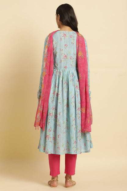 W for Woman Blue Printed Anarkali Kurta, Pants & Dupatta Set