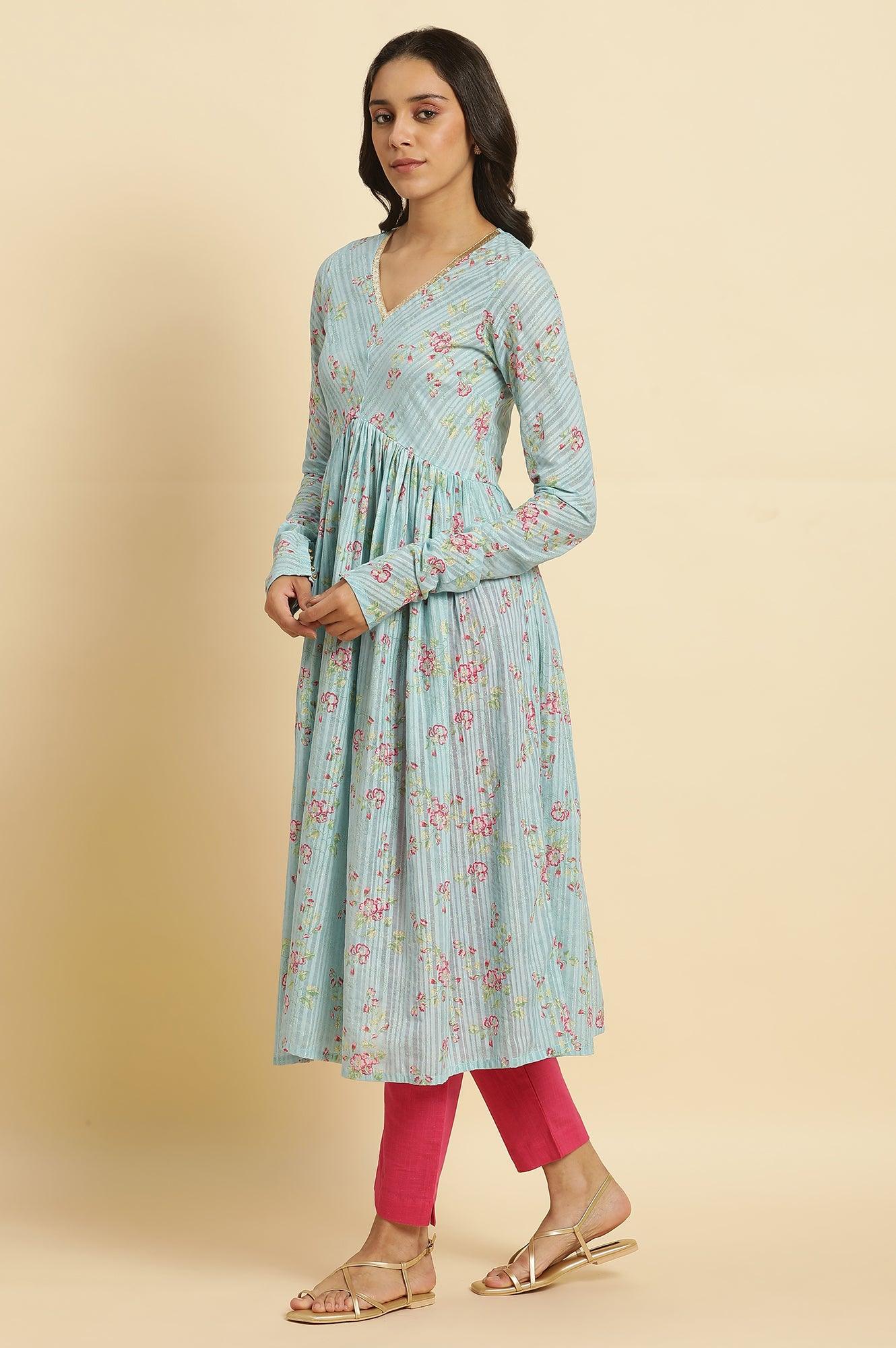 W for Woman Blue Printed Anarkali Kurta, Pants & Dupatta Set
