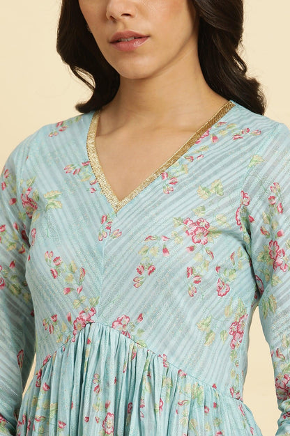 W for Woman Blue Printed Anarkali Kurta, Pants & Dupatta Set