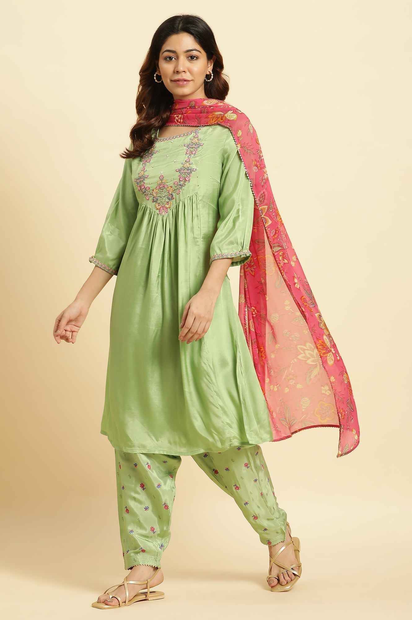 W for Woman Green Embroidered Kurta, Salwar And Pink Chiffon Dupatta Set