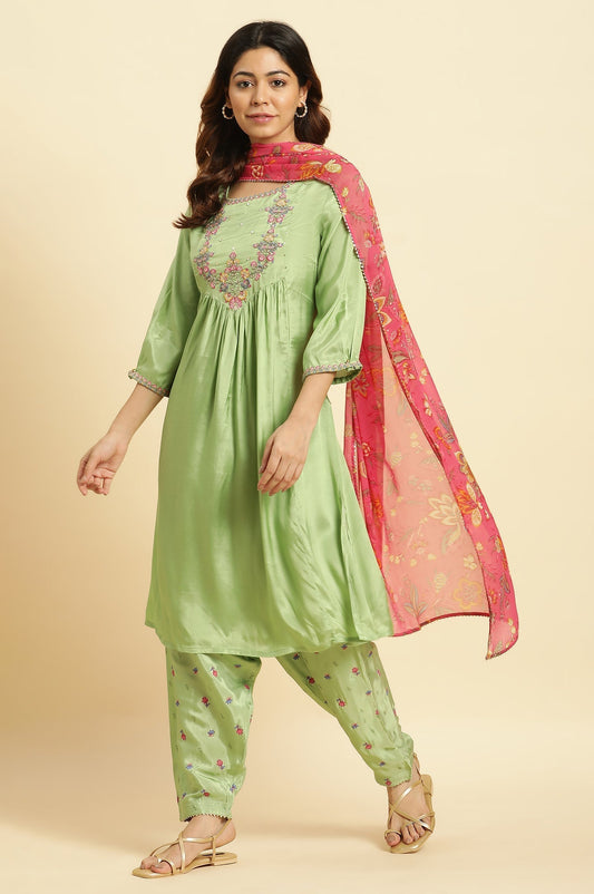W for Woman Green Embroidered Kurta, Salwar And Pink Chiffon Dupatta Set
