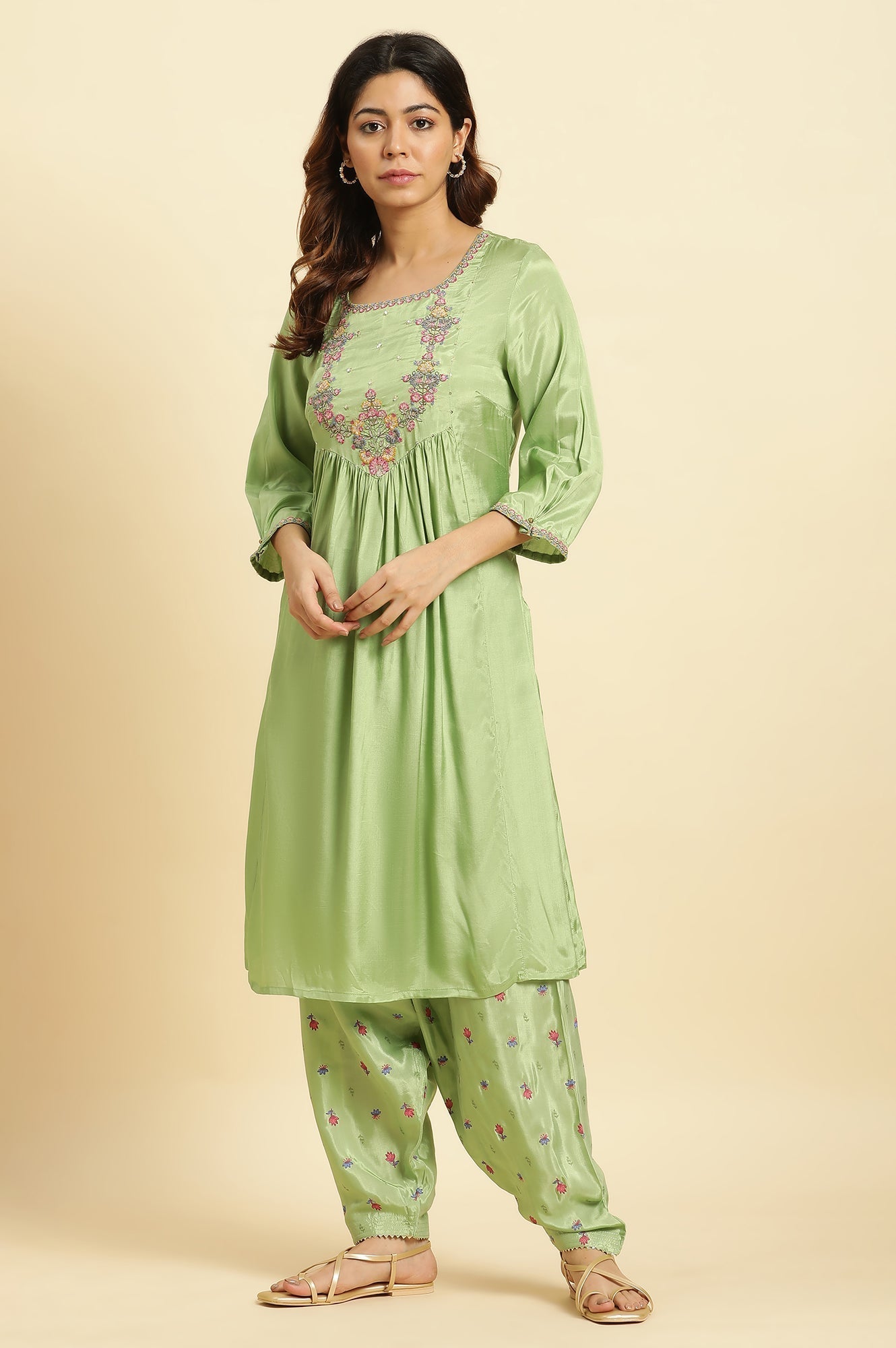 W for Woman Green Embroidered Kurta, Salwar And Pink Chiffon Dupatta Set