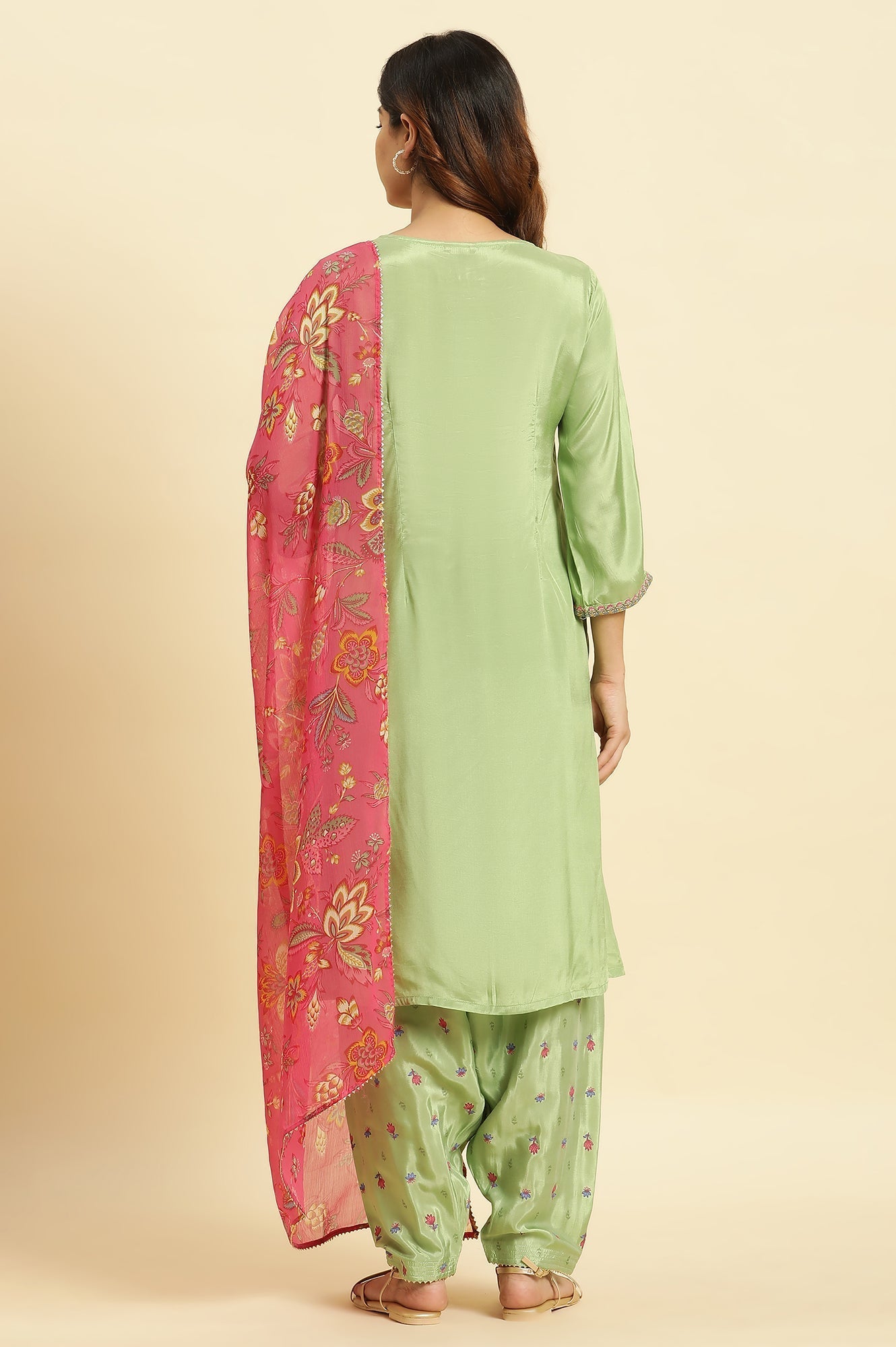 W for Woman Green Embroidered Kurta, Salwar And Pink Chiffon Dupatta Set