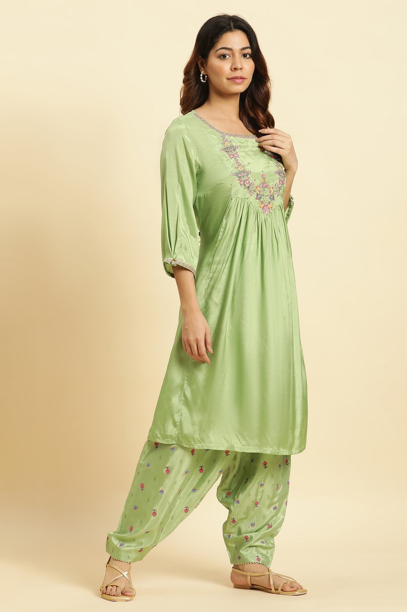 W for Woman Green Embroidered Kurta, Salwar And Pink Chiffon Dupatta Set