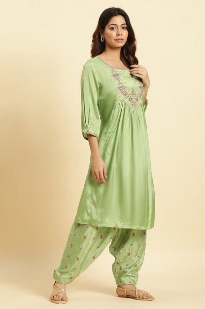 W for Woman Green Embroidered Kurta, Salwar And Pink Chiffon Dupatta Set