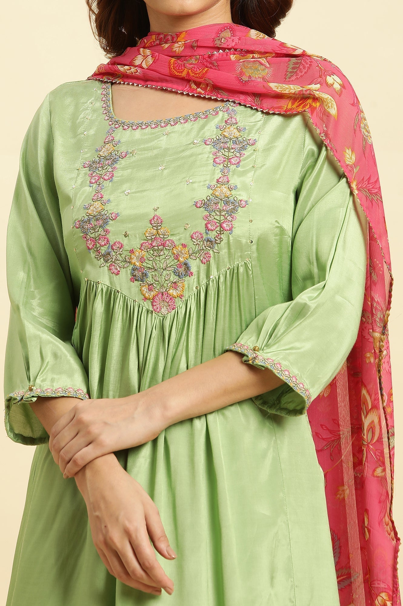 W for Woman Green Embroidered Kurta, Salwar And Pink Chiffon Dupatta Set