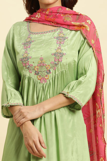 W for Woman Green Embroidered Kurta, Salwar And Pink Chiffon Dupatta Set