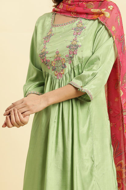 W for Woman Green Embroidered Kurta, Salwar And Pink Chiffon Dupatta Set