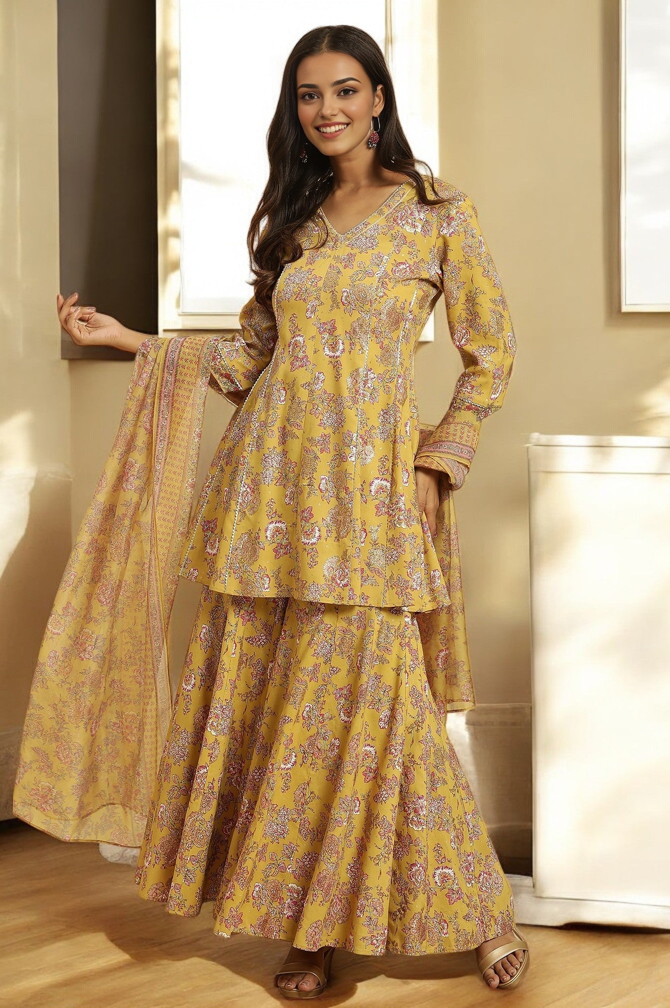 W for Woman Yellow Floral Printed Short Flared Kurta, Sharara and Dupatta Set