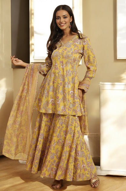 W for Woman Yellow Floral Printed Short Flared Kurta, Sharara and Dupatta Set