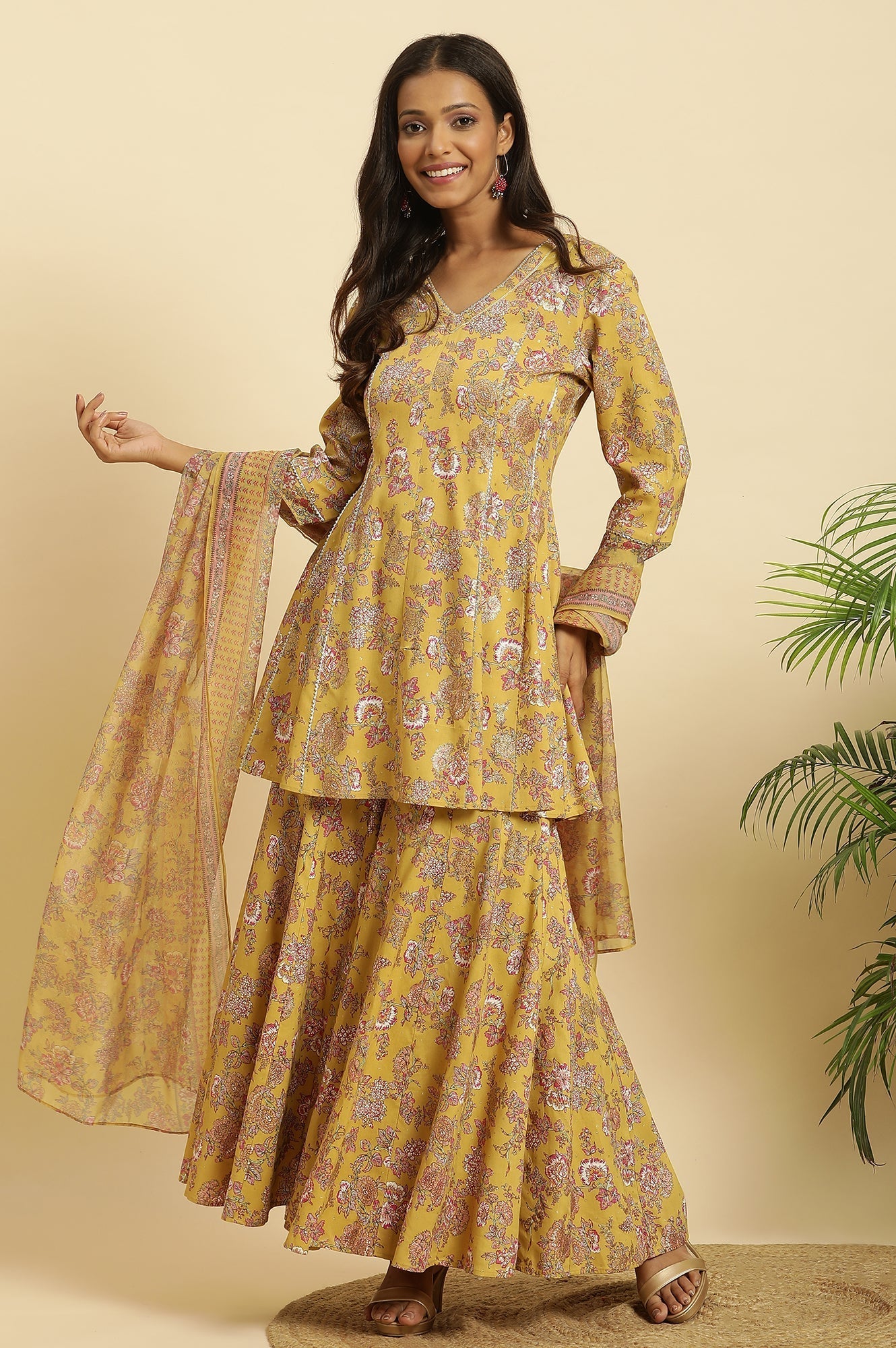 W for Woman Yellow Floral Printed Short Flared Kurta, Sharara and Dupatta Set