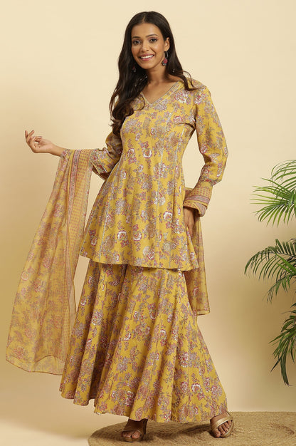 W for Woman Yellow Floral Printed Short Flared Kurta, Sharara and Dupatta Set