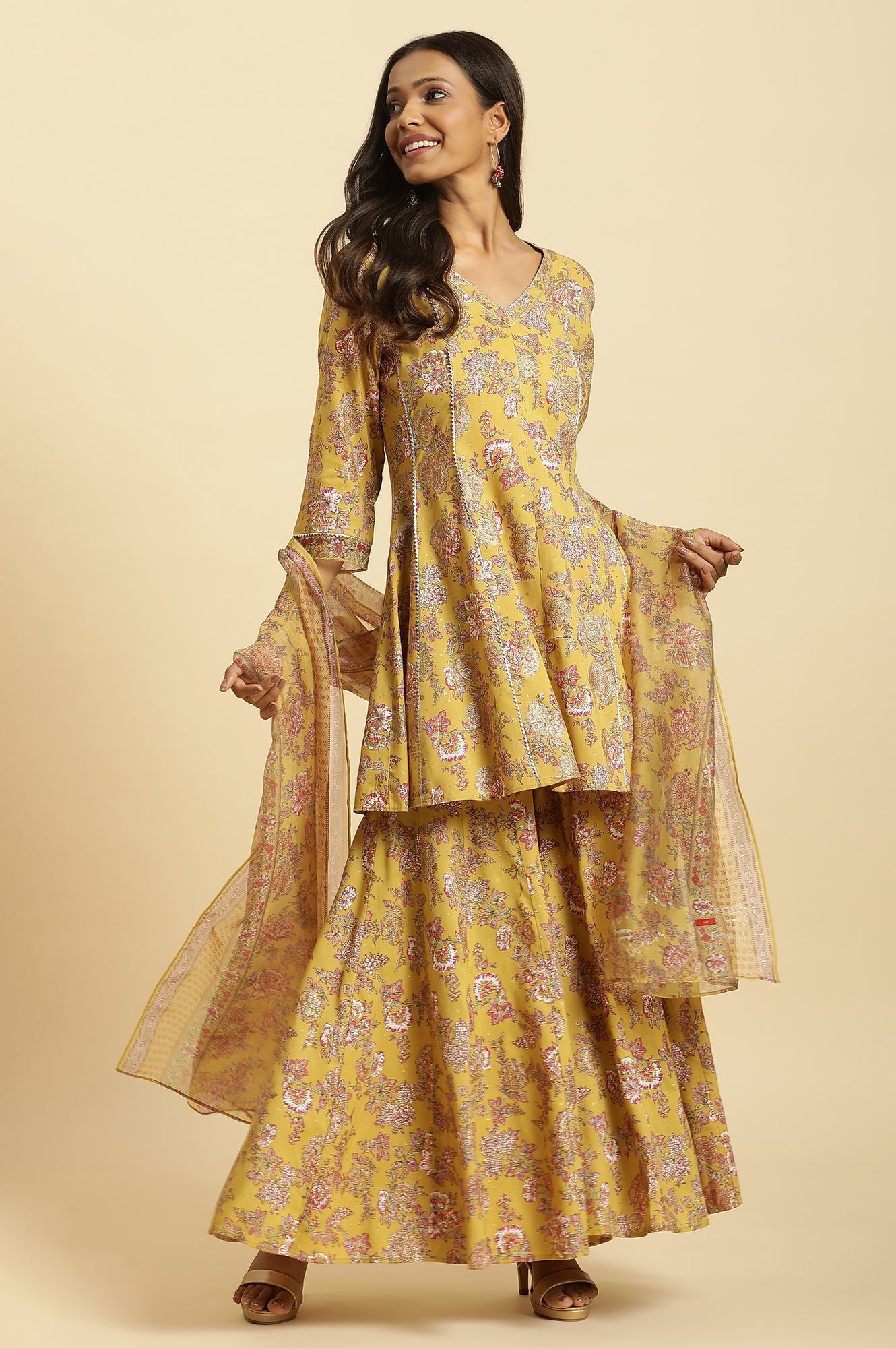 W for Woman Yellow Floral Printed Short Flared Kurta, Sharara and Dupatta Set