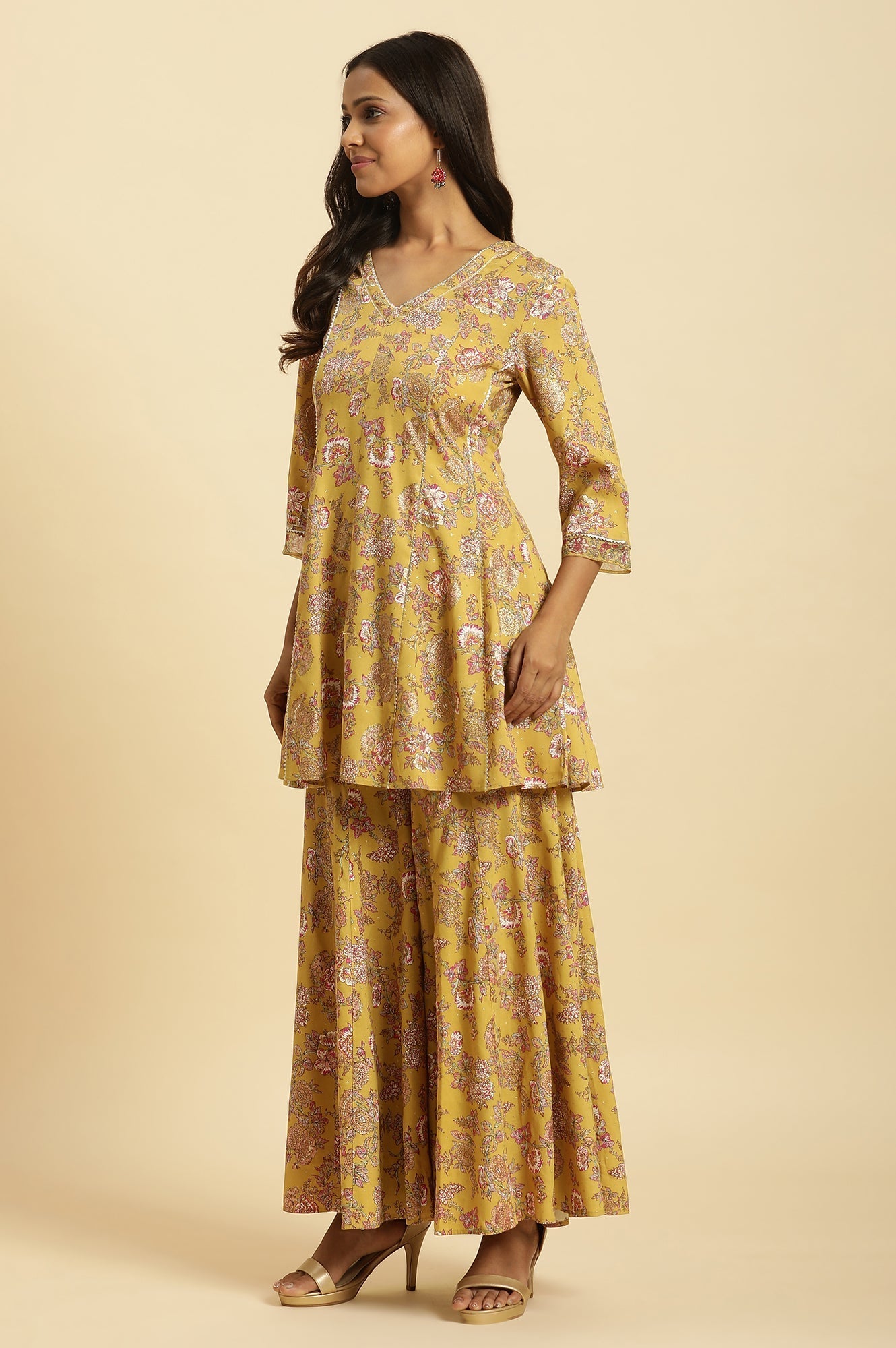 W for Woman Yellow Floral Printed Short Flared Kurta, Sharara and Dupatta Set