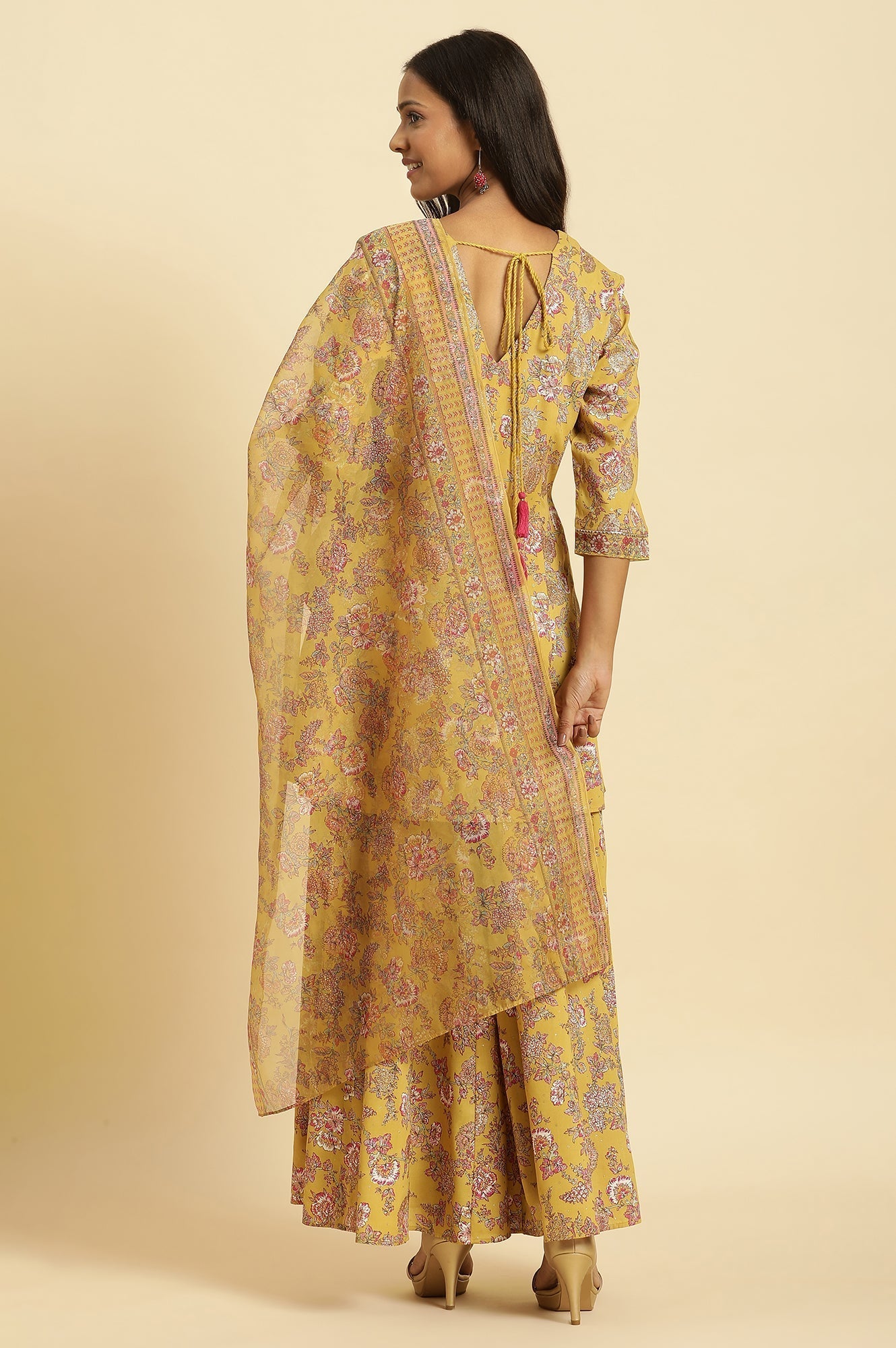 W for Woman Yellow Floral Printed Short Flared Kurta, Sharara and Dupatta Set