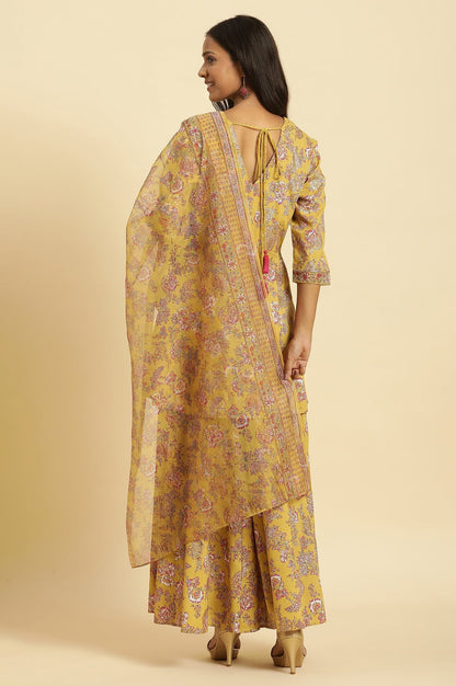 W for Woman Yellow Floral Printed Short Flared Kurta, Sharara and Dupatta Set