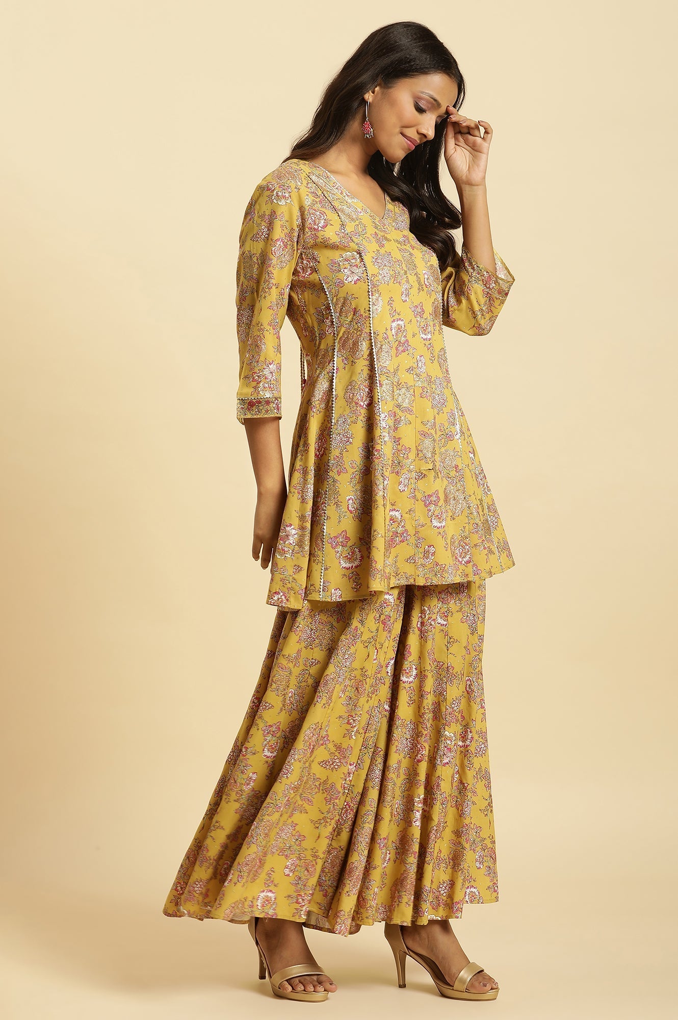 W for Woman Yellow Floral Printed Short Flared Kurta, Sharara and Dupatta Set