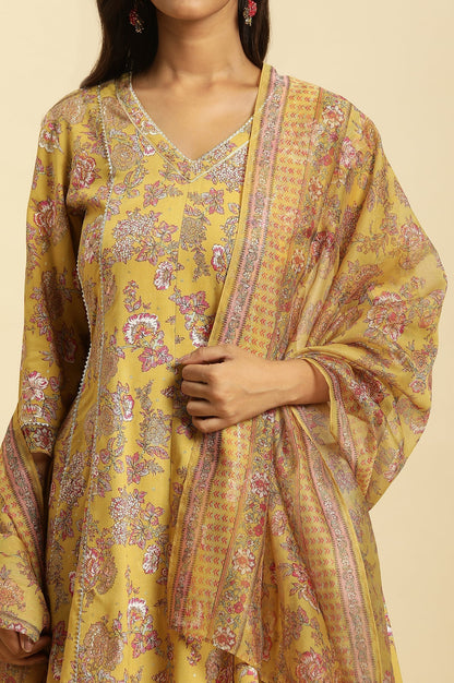 W for Woman Yellow Floral Printed Short Flared Kurta, Sharara and Dupatta Set