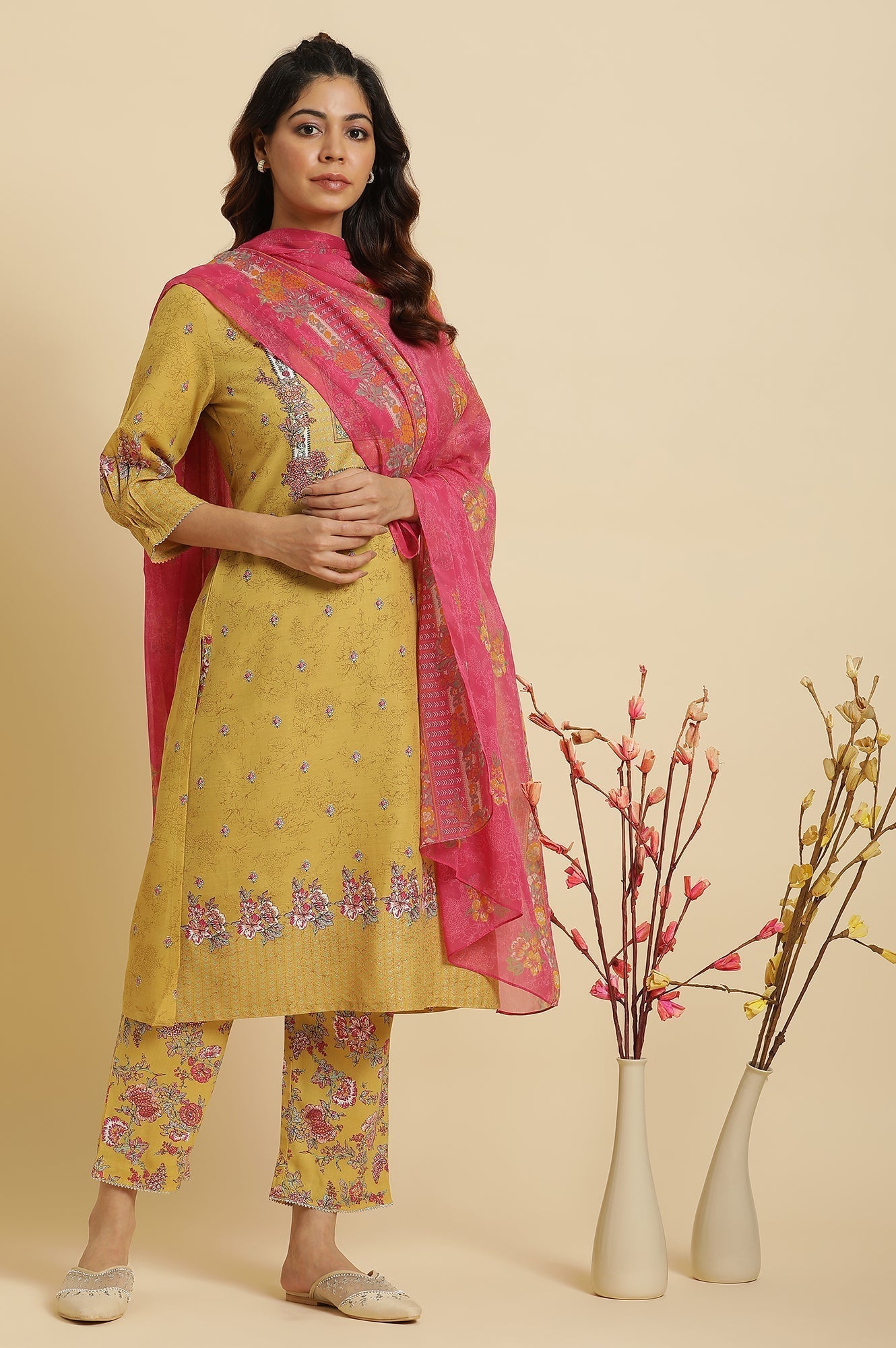W for Woman Yellow Floral Printed Kurta and Pants Set with Pink Dupatta