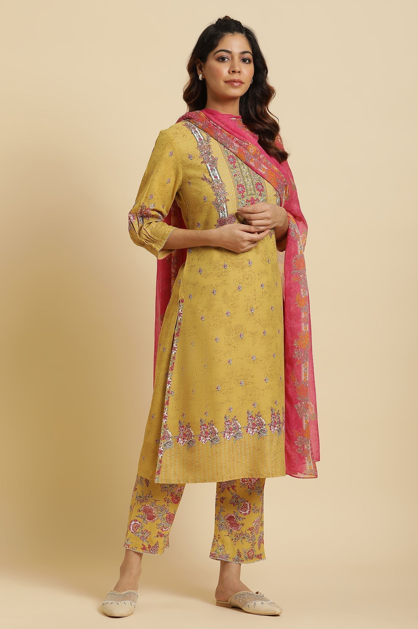 W for Woman Yellow Floral Printed Kurta and Pants Set with Pink Dupatta