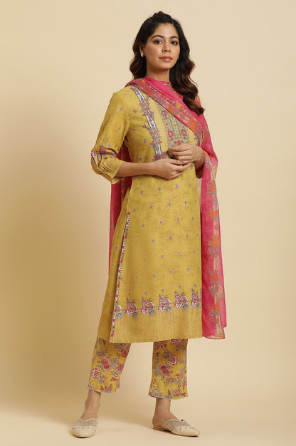 W for Woman Yellow Floral Printed Kurta and Pants Set with Pink Dupatta