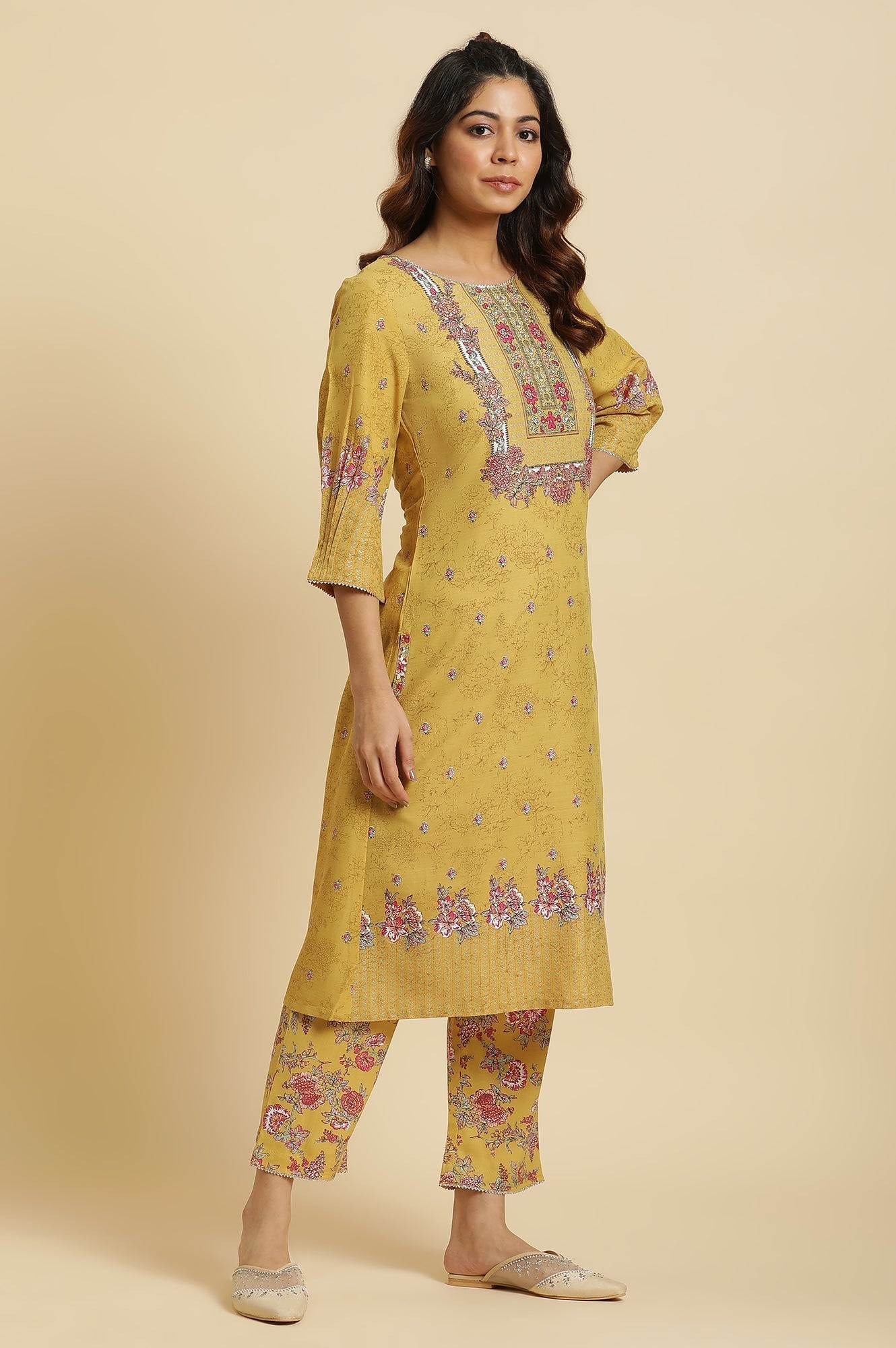 W for Woman Yellow Floral Printed Kurta and Pants Set with Pink Dupatta