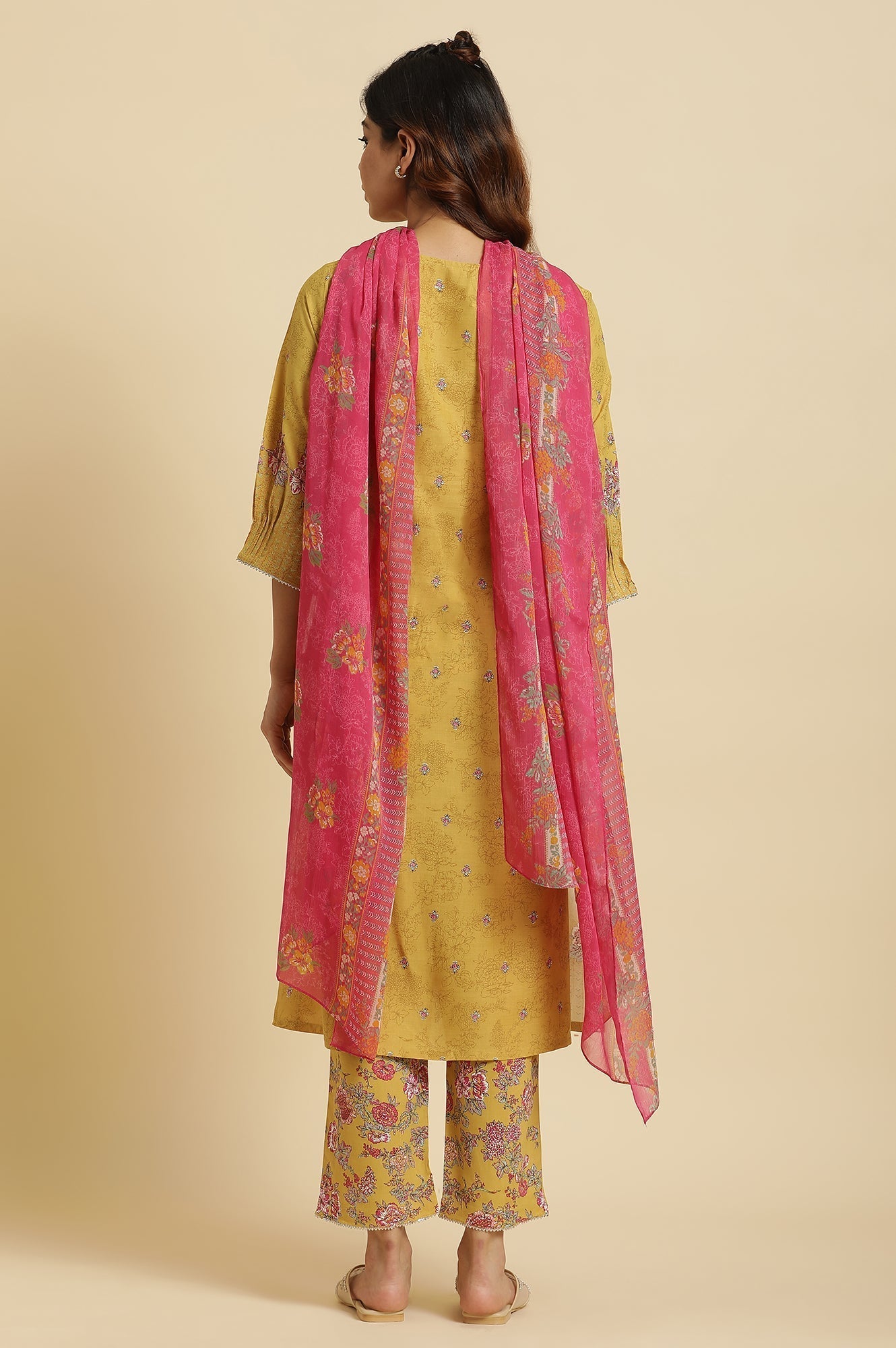 W for Woman Yellow Floral Printed Kurta and Pants Set with Pink Dupatta