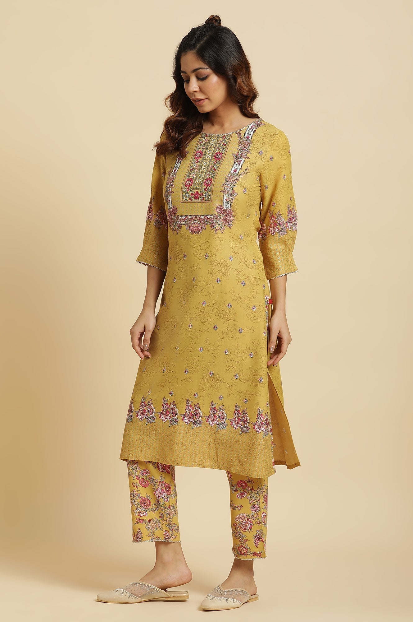 W for Woman Yellow Floral Printed Kurta and Pants Set with Pink Dupatta