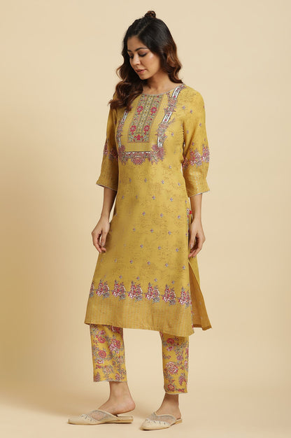 W for Woman Yellow Floral Printed Kurta and Pants Set with Pink Dupatta