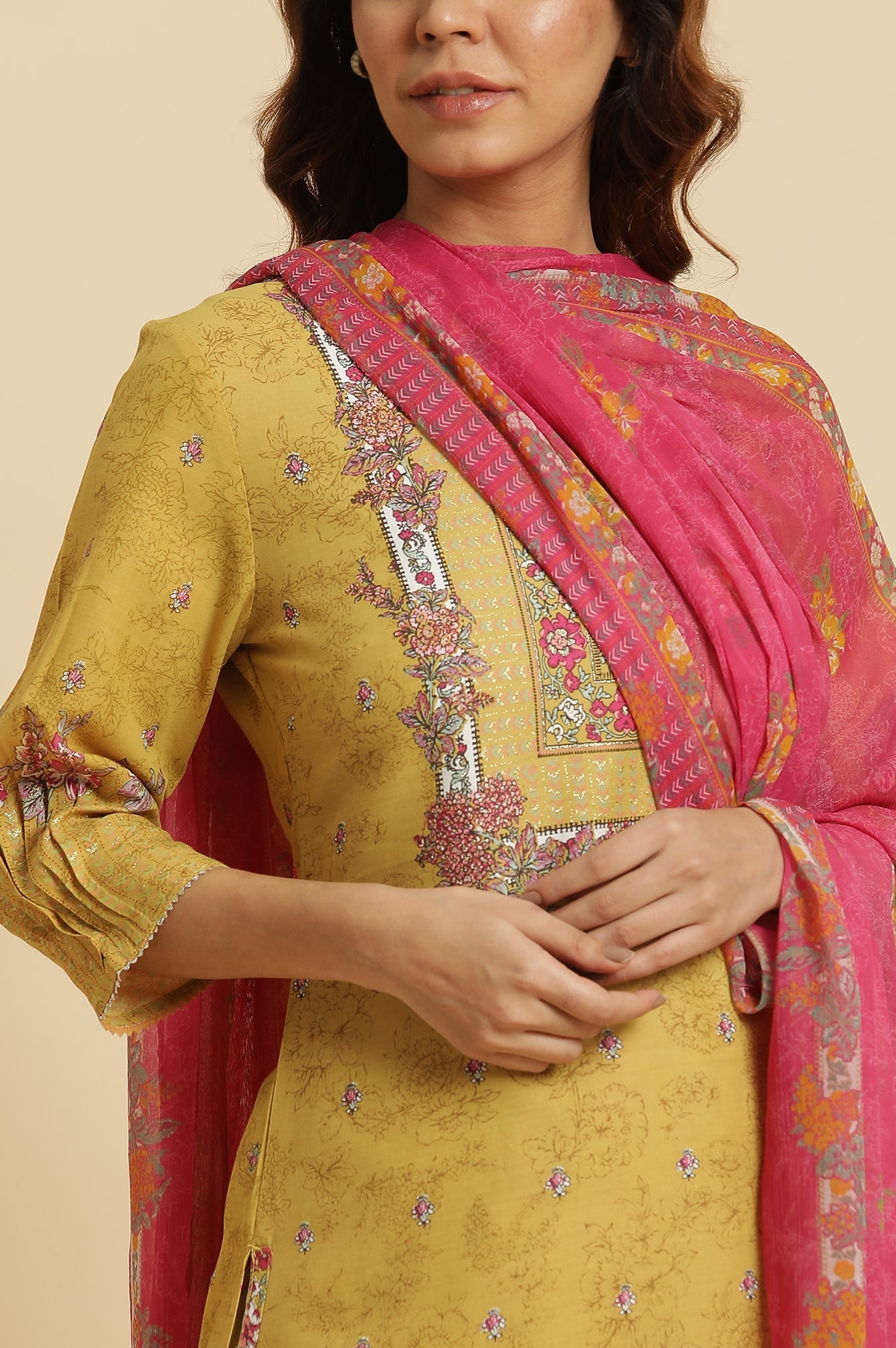 W for Woman Yellow Floral Printed Kurta and Pants Set with Pink Dupatta