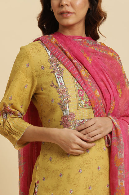 W for Woman Yellow Floral Printed Kurta and Pants Set with Pink Dupatta