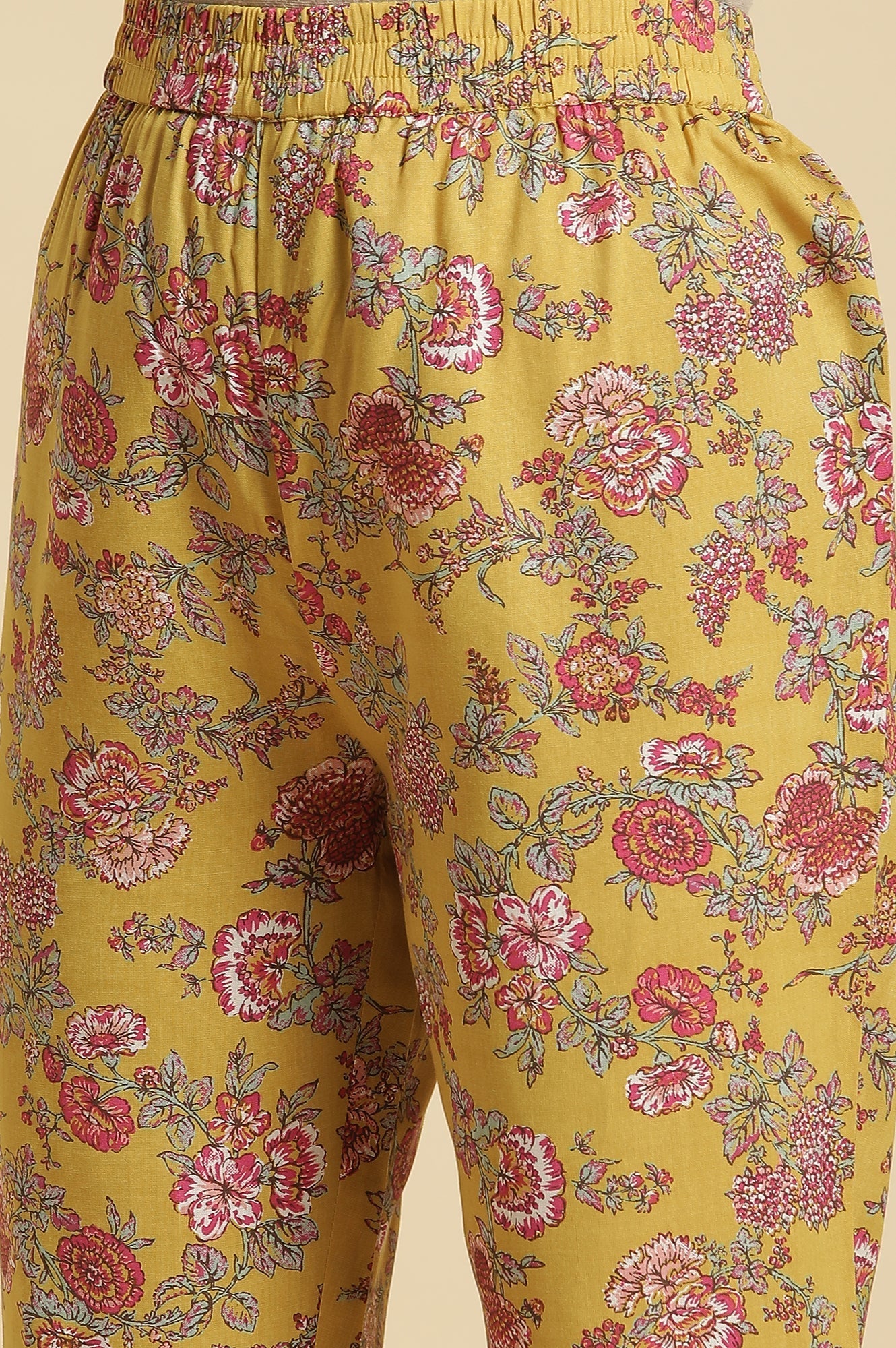 W for Woman Yellow Floral Printed Kurta and Pants Set with Pink Dupatta