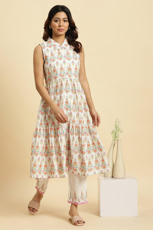 W for Woman White Cotton Gathered Kurta In Multi-Coloured Print & Pants Set