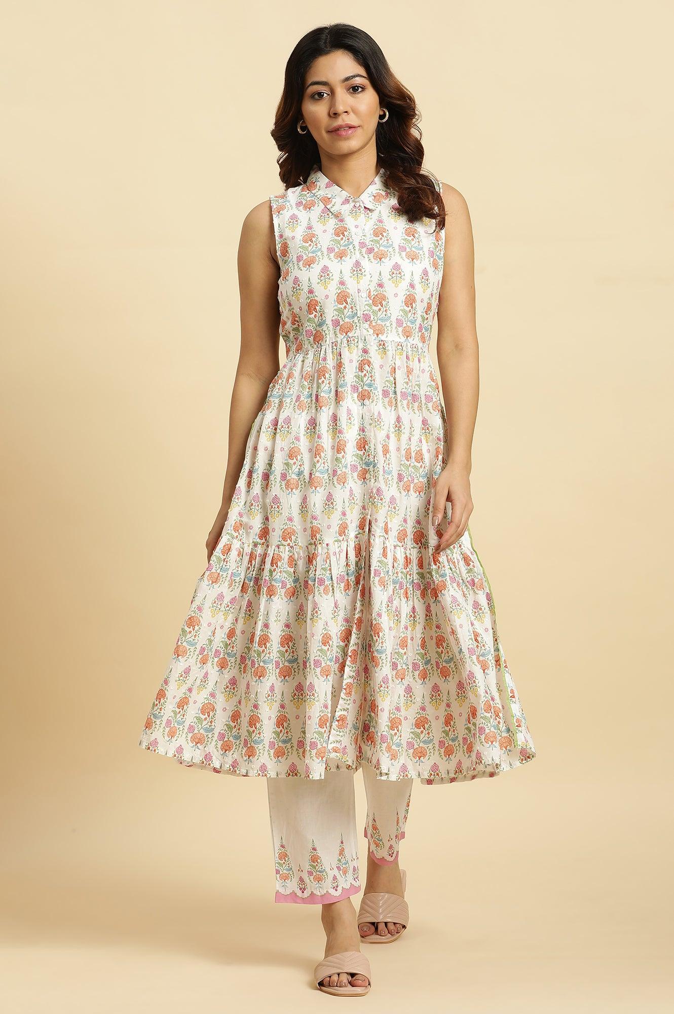 W for Woman White Cotton Gathered Kurta In Multi-Coloured Print & Pants Set