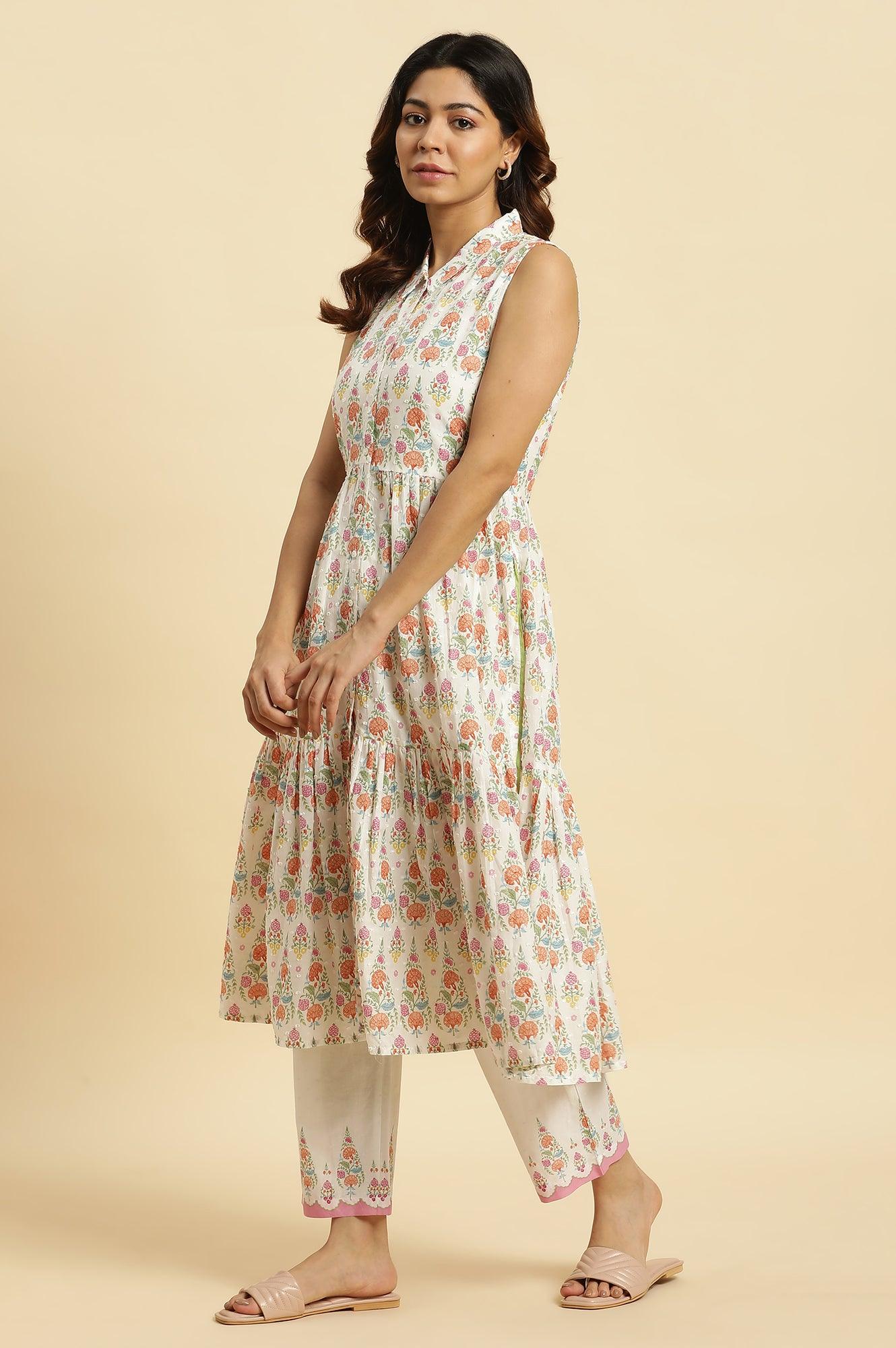 W for Woman White Cotton Gathered Kurta In Multi-Coloured Print & Pants Set