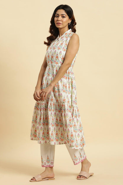 W for Woman White Cotton Gathered Kurta In Multi-Coloured Print & Pants Set
