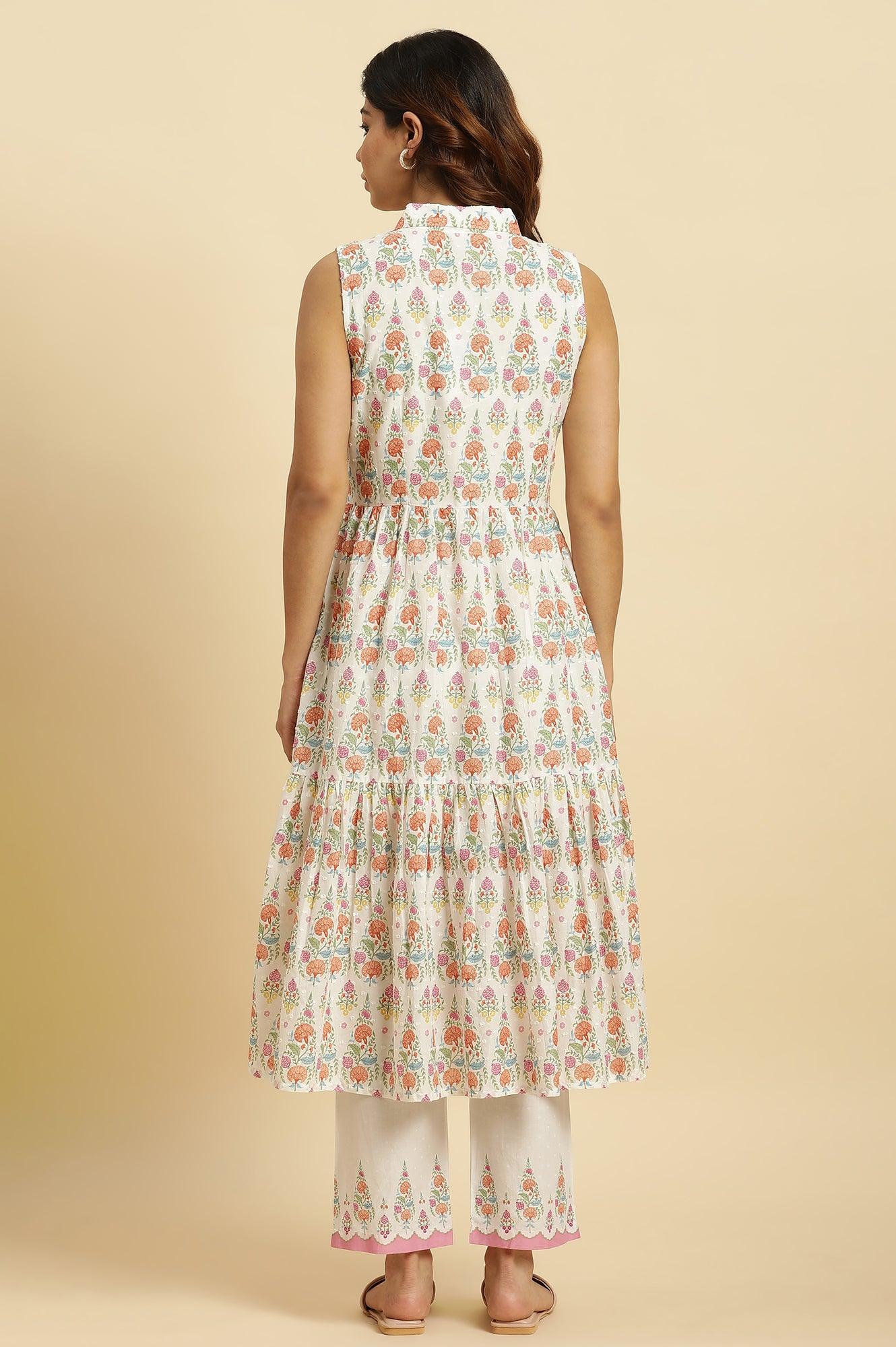 W for Woman White Cotton Gathered Kurta In Multi-Coloured Print & Pants Set