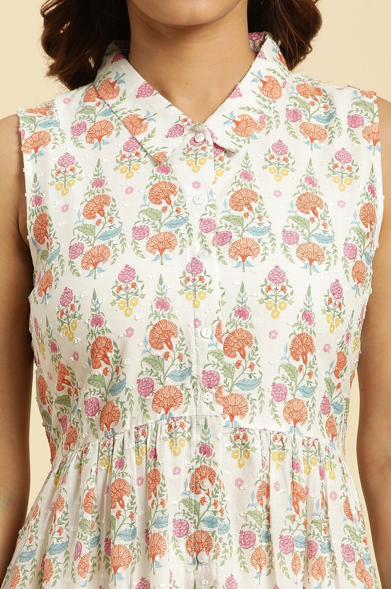 W for Woman White Cotton Gathered Kurta In Multi-Coloured Print & Pants Set