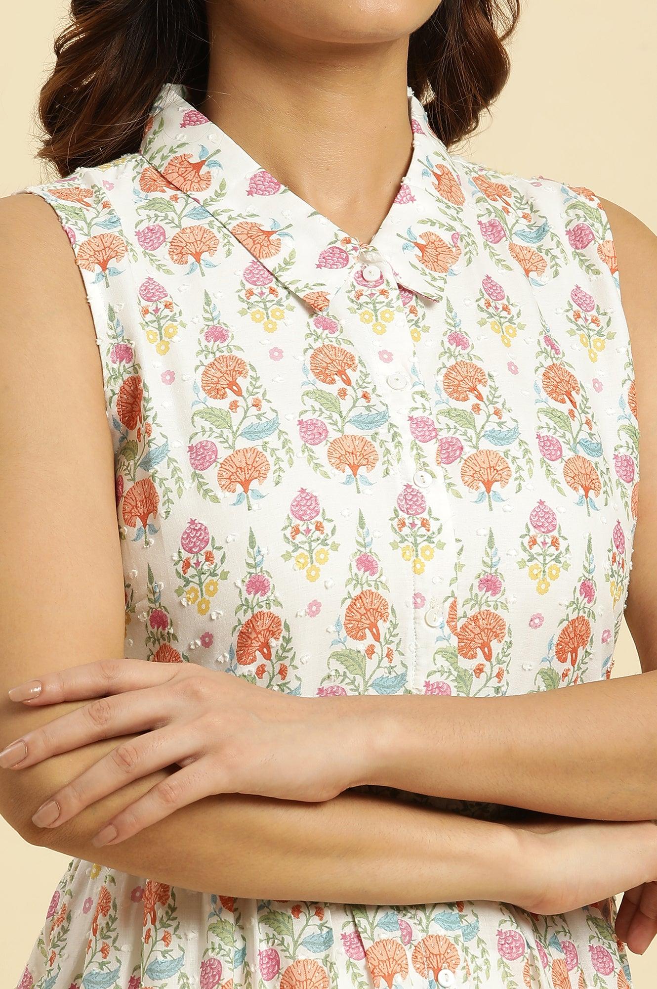 W for Woman White Cotton Gathered Kurta In Multi-Coloured Print & Pants Set