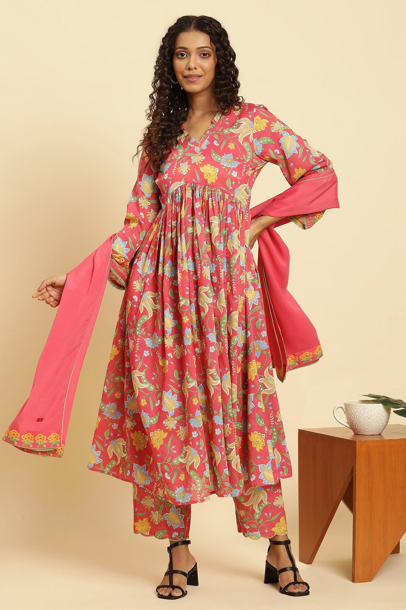 W for Woman Red Chintz Gathered Kurta, Pants and Dupatta Set