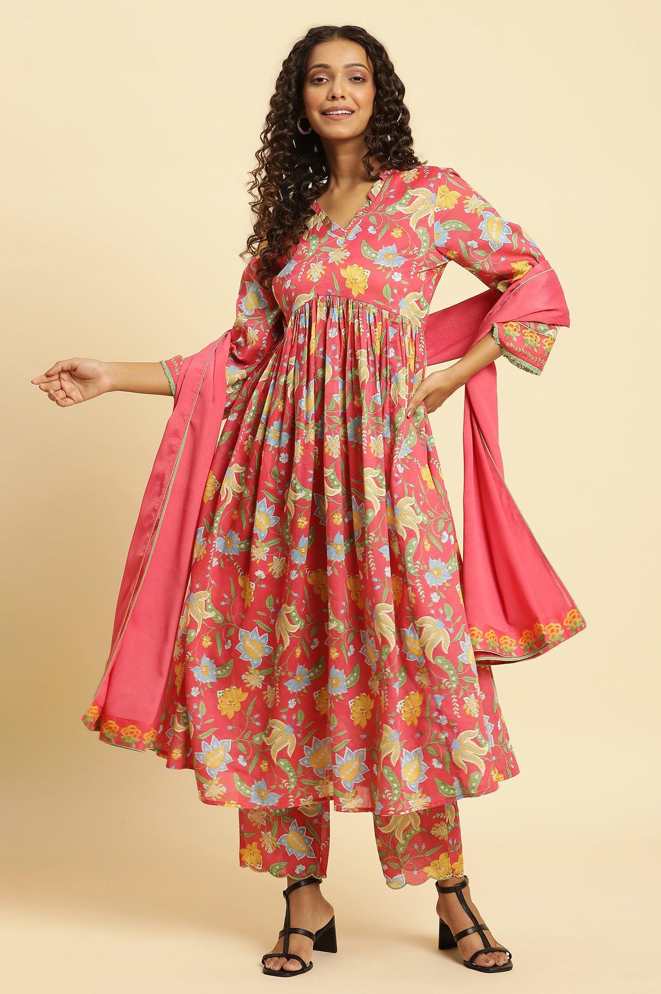 W for Woman Red Chintz Gathered Kurta, Pants and Dupatta Set