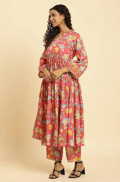 W for Woman Red Chintz Gathered Kurta, Pants and Dupatta Set